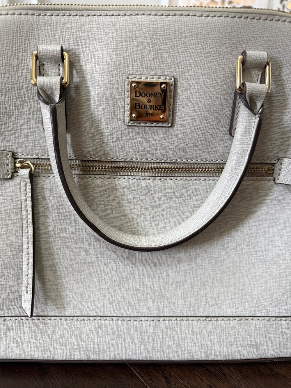 Dooney & Bourke Saffiano Leather Satchel Crossbody Ivory Taupe Gold Hardware